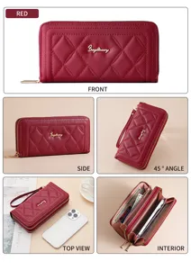 Women red long wallet with quilted design, double zipper clutch bag and multiple card slots.