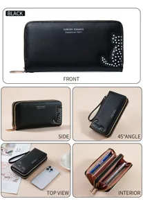 Women's Black Long PU Leather Wallet Large Capacity Cute Cat Design Zipper Clutch Purse