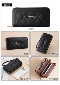 Black quilted long wallet for women with zipper, card slots and phone compartment interior.