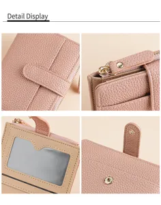 Women's short bifold wallet detail view, pink pu leather, card slots, zipper coin pocket.