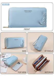 Women long PU leather wallet blue cat pattern double zipper clutch purse card holder