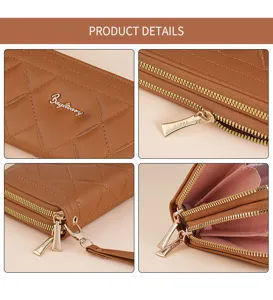 Women long quilted zip wallet PU leather clutch multi-card phone coin purse chic style