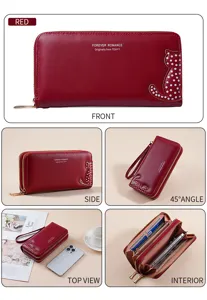 Red PU leather long wallet for women with cute cat pattern, multiple card slots and zipper.