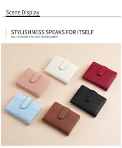 Close-up detail of multi-color short women wallet, PU leather bi-fold card holder purse.