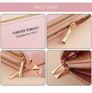 Women long wallet detail view, double zipper design, premium PU leather texture and hardware.