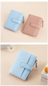 Detailed view of short bifold women's wallet with multi card slots and zipper coin pocket.