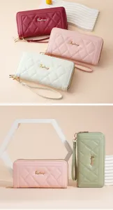Women's long quilted wallet clutch with wrist strap, stylish multi-functional phone purse.