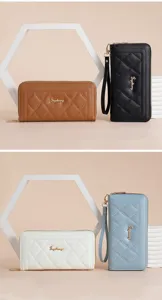 Women long wallet quilted pu leather zip clutch purse with wrist strap multi card holder