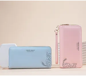 Fashionable long women wallet PU leather cute cat design large capacity hand clutch bag