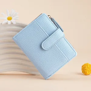 Womens short wallet card holder, blue leather bi-fold coin purse with zipper and multi card slots.