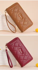 Women long quilted wallet PU leather zipper clutch purse with wrist strap for daily use