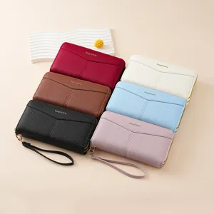Portafoglio lungo da donna con doppia cerniera e polsino, elegante design con motivo litchi.