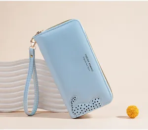 Light blue women long PU leather wallet with wristlet strap and cute cat polka dot design.