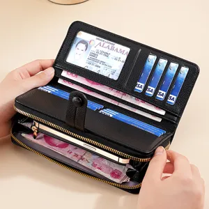 Damen Geldbörse lang schwarz PU Leder Reißverschluss Kartenhalter elegante Brieftasche.