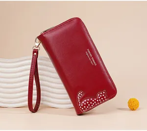 Stylish women's long PU leather wallet with cat pattern, large capacity and wrist strap.