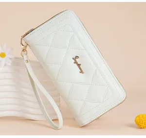 White quilted long wallet for women with wrist strap chic zip around clutch purse