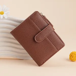 Women Fashion PU Leather Short Wallet Bi-fold Card Holder Multi Slot Zipper Coin Purse Litchi Texture Elegant Clutch