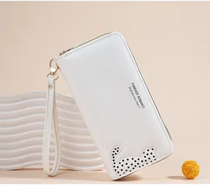White long PU leather women wallet with wrist strap and cute polka dot cat pattern design.