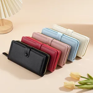 Damen lange Geldbörse Mode Reißverschluss Druckknopf Tasche Kartenhalter lässig PU Leder