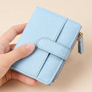 light blue women short wallet pu leather card holder zip coin pocket detail view
