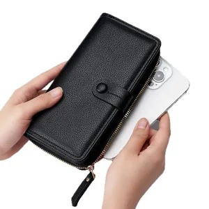Modische schwarze Damen Geldbörse aus Leder mit Reißverschluss und Druckknopf für Alltag.