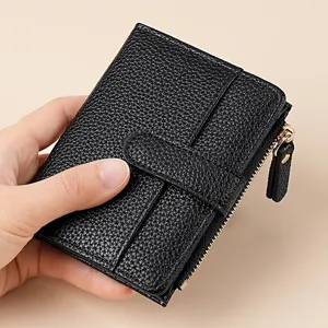 Black short women wallet, two-fold PU leather card holder with zipper coin purse, stylish.