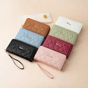Women long quilted wallet multi-color PU leather clutch purse with wrist strap design