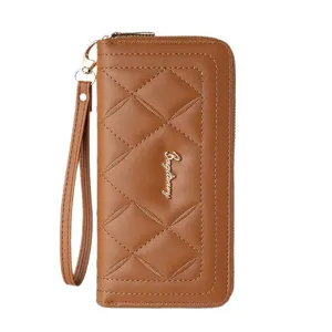 Stylish brown quilted long women wallet with wrist strap, durable PU leather clutch purse.