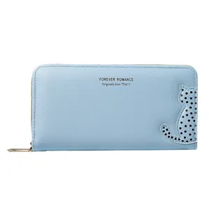 Fashionable blue PU leather long women's wallet with cute cat pattern and secure zip closure.