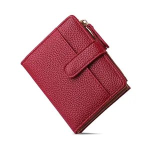Red women short bifold wallet with zipper coin pocket, pebble grain leather card holder main view.