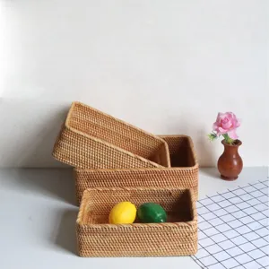 Rectangular woven rattan storage basket for household living room sundries organizing