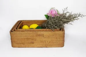 Woven rattan storage basket rectangular desktop organizer basket nested set for home organization