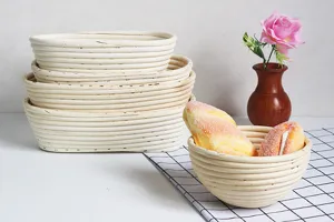 Detailed view of handmade rattan bread proofing baskets, natural material for baking artisan bread.