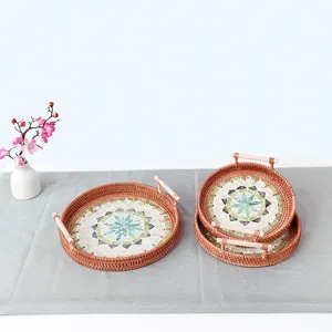Rattan Woven Fruit Serving Tray With Shell Mosaic And Wooden Handles Decorative Round Storage Basket For Living Room Kitchen Table