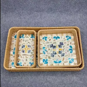 Handgemachte Rattan Gewebte Serviertablett Set Bunte Muschel Mosaik Dekorative Aufbewahrungstabletts Mehrzweck Organizer