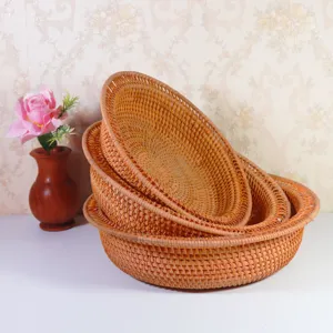Handmade rattan woven fruit basket set, round storage tray for snacks, home living room decor.