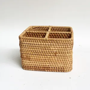 Woven rattan desktop storage basket compartment organizer for living room coffee table remote control