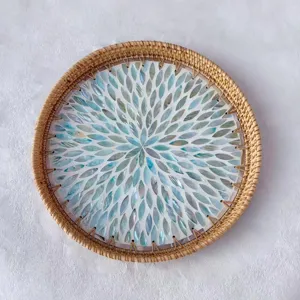 Handmade rattan mosaic shell serving tray, iridescent dessert platter for home living room decor.