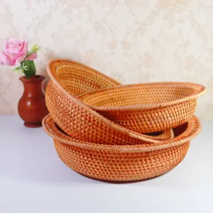 Vietnamese Rattan Woven Round Fruit Basket for Living Room Storage Tray Snack Organizer
