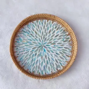 Handmade Rattan Mother of Pearl Mosaic Serving Tray Round Decorative Tray for Snack Dessert