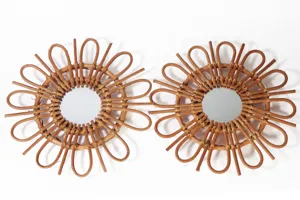 Handmade rattan woven wall mirror vintage round flower decorative mirror for home decor detail view