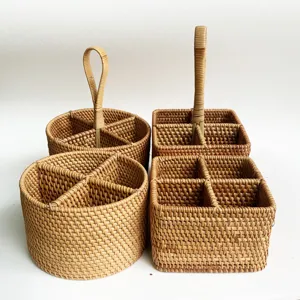 Handwoven rattan storage basket with dividers desktop organizer for living room home use
