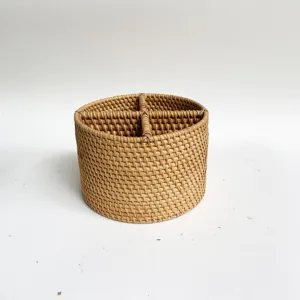 Round Woven Rattan Storage Basket Multi-Compartment Desktop Organizer for Remote Control