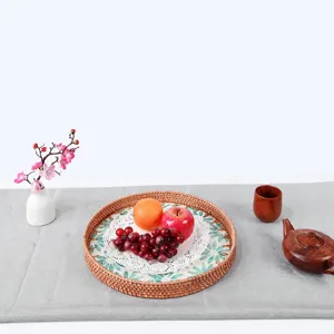 European style homestay rattan colored shell round tray for living room fruit plate.