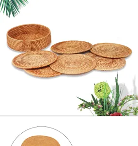 Handmade Vietnamese rattan coaster set with storage basket, perfect for kitchen table and tea cups.