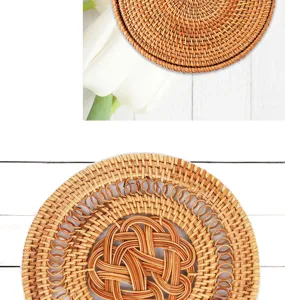 Handwoven rattan tea cup mat, natural round woven coaster, kitchen insulation pad for table protection.