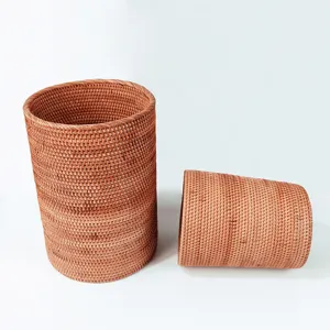 Natural rattan woven storage basket round handmade wastepaper bucket for home office decor