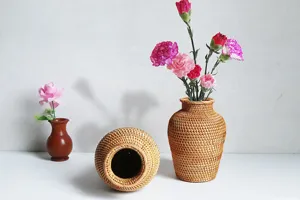Nordic style woven rattan vase vintage decorative flower container desktop ornament setup
