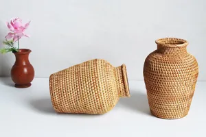 Nordic style woven rattan decorative vase, rustic handmade floral arrangement ornament for home.