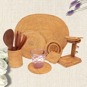 Handmade Vietnamese Rattan Woven Tea Coaster Placemat Natural Plant Fiber Heat Insulation Mat For Kitchen Table Decor